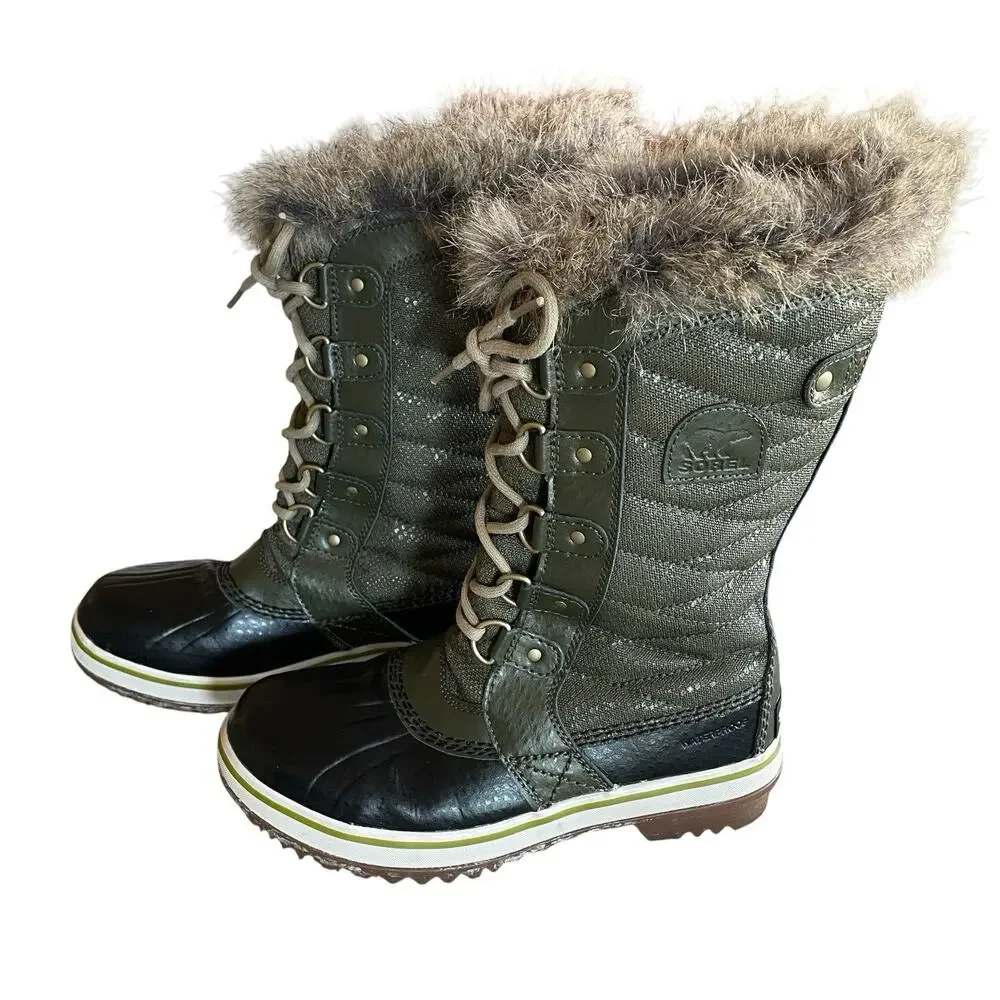 SOREL Size 4/EU 35 Green Lace-Up Faux Fur Waterproof Duck Boots Youth LY1890-213